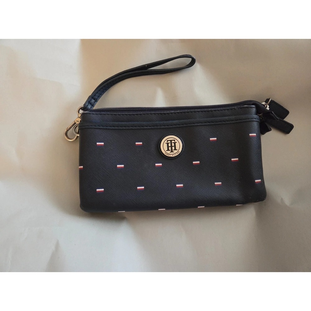 Women's Tommy Hilfiger Logo Dual Zip Wristlet Wallet Front Pocket Navy Preowned